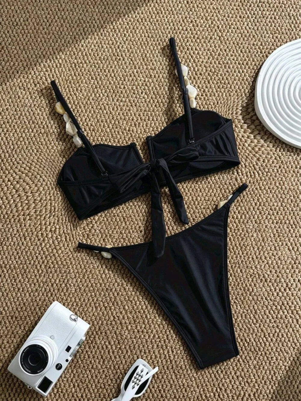 black Sexy Women's Beach Satin Shell Decor Bikini Set